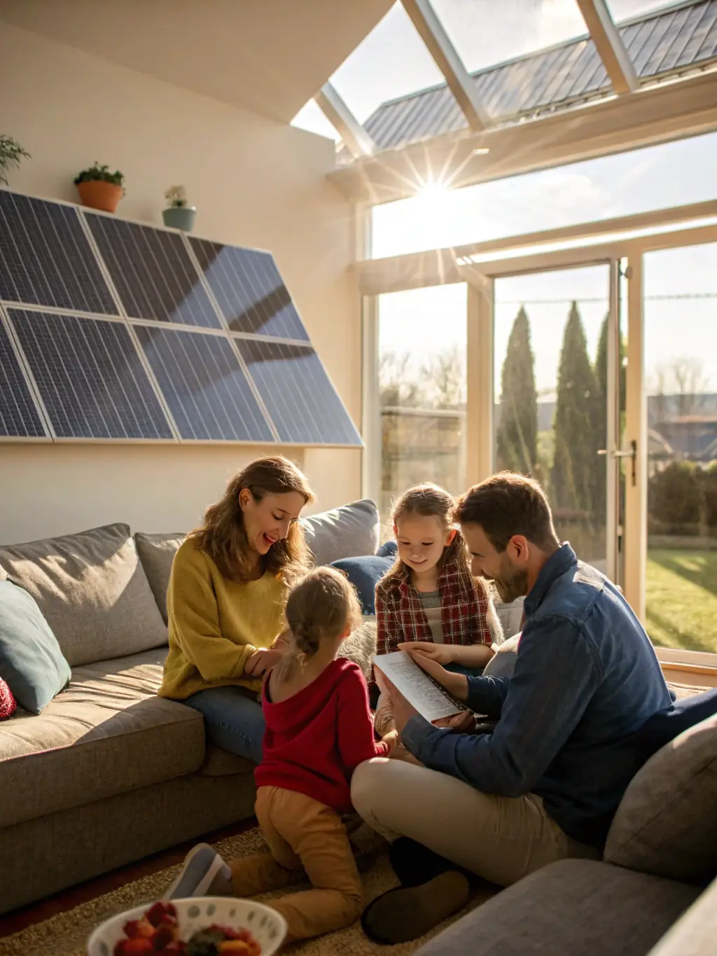 A family happily gathered in their energy-efficient home, powered by solar panels, illustrating energy independence and a sustainable lifestyle with Rigon Impianti.
