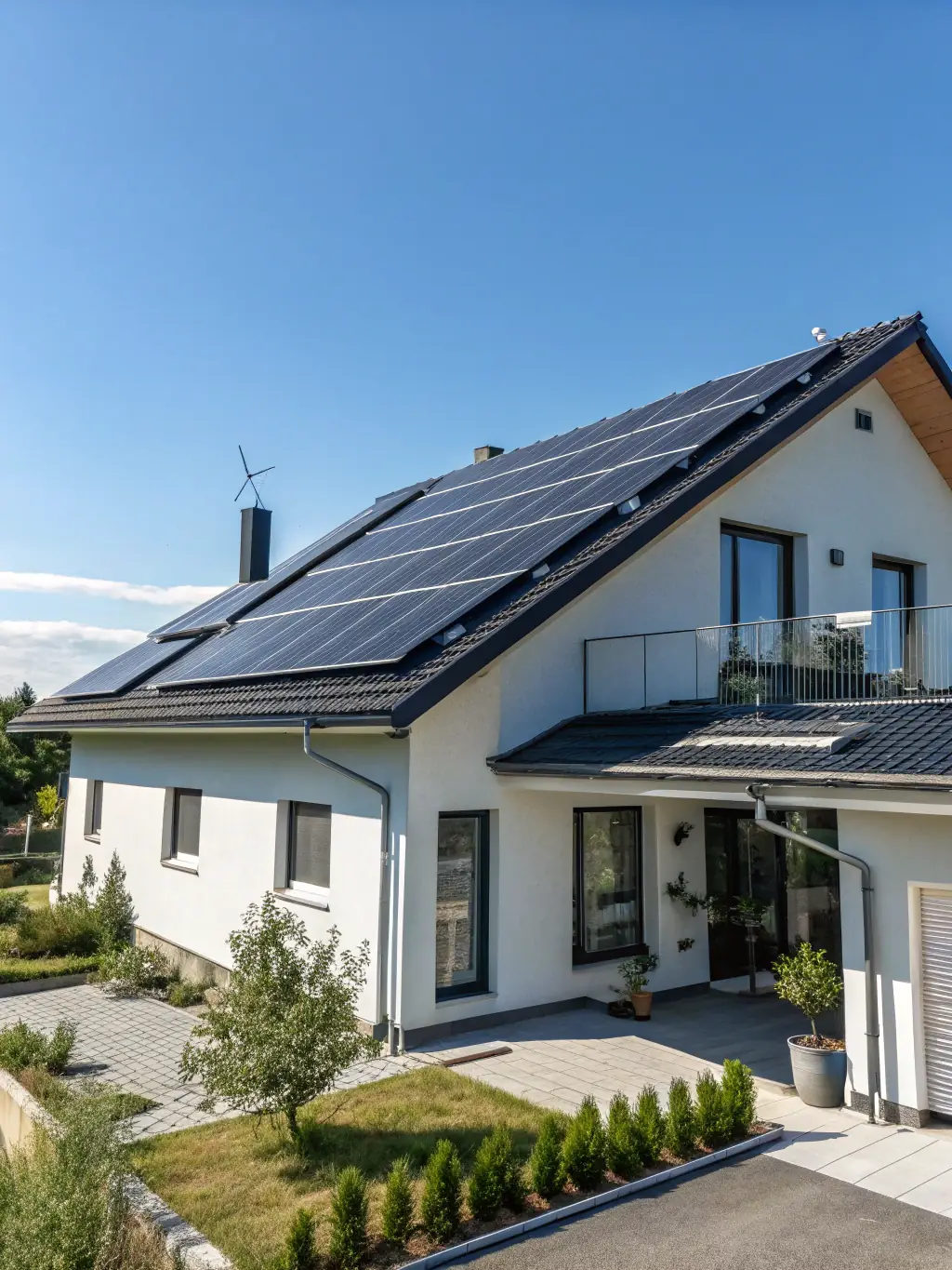 A residential rooftop with newly installed solar panels gleaming in the sunlight, showcasing a modern and energy-efficient home powered by Rigon Impianti.